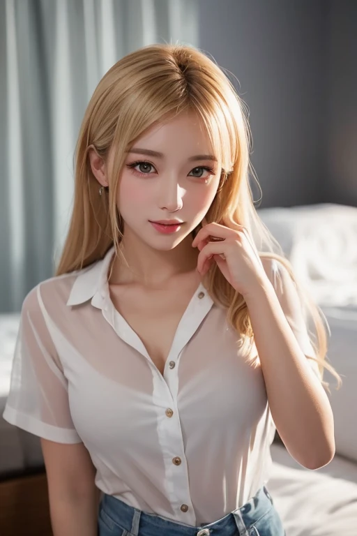 portlate、School Uniformright expression、poneyTail、Young shiny shiny white shiny skin、Best Looklonde reflected light、Platinum blonde hair with dazzling highlights、shiny light hair, 、Super long silky straight hair、Beautiful bangs that shine、Glowing crystal clear attractive big blue eyes、Very beautiful nice cute 18 year old girl、Lush bust、White and beautiful blouse、with slit、((full body seen))、Beautiful face、Clothes look cramped in the chest、lob hair、Loose and fluffy perm、Pleated skirt with many checked foldra with showing through、lying on the bed with legs wide open