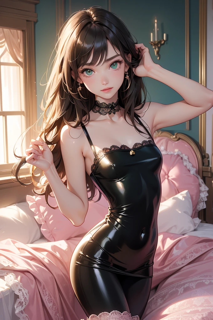 A glamorous pin-up model reclining on a luxurious chaise lounge, surrounded by opulent vintage decor, her pose and expression inviting and confident, with rich, pastel colors and a complex, detailed background.
