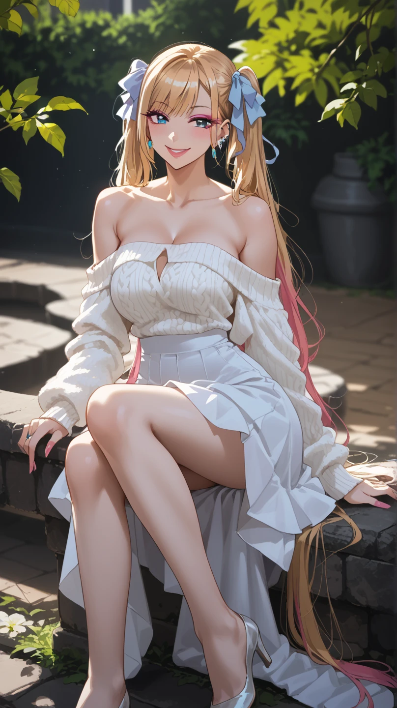 A beautiful sensual curvy blonde tween wearing a sweet Pink Contrast Mesh, Ruffle Hem, All Over cherry blossoms Print, A Line, Short puff Sleeves, Sweetheart neckline, thin gold belt with tiny heart buckle, High Waist,Flounce hem Long gown, very long curling hair, cute, sweet, town picnic, warm atmosphere, pretty, pretty lighting, 8k, octane render, detailed, detailed background, 35mm, realistic, photorealistic, perfect face, cherry blossoms barrettes in hair, freckles, ((American face)), American