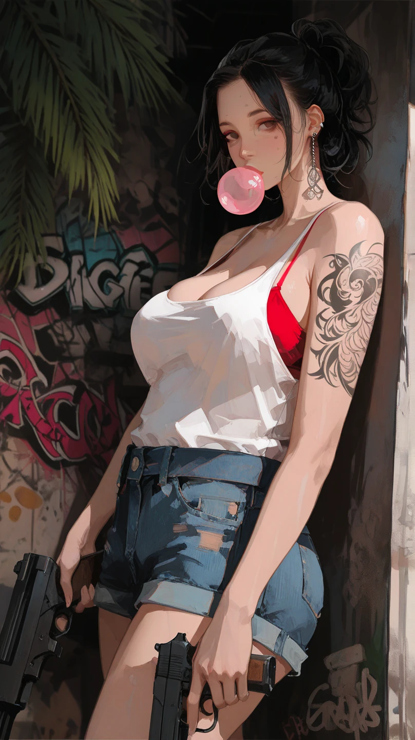 ((sexy girl ,young)), glamorous, slender, hilda, street hooker clothes, moistened eyes,blush, prostitute, slutty, (makeup), eyeshadow, thong, tattoo, piercings, tattoo on breast, (tattoo on tits), tattoo on thigh, neon lights, outdoors, neon lights, spiderweb tattoo, derogatory bodywriting, hotpants, graffitti on walls, brothel, smoking cigarette,