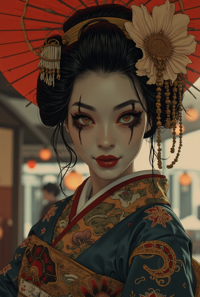 (illustration beautiful by apterus:1.2), creepy japanese kabuki performing on a theatre stage, traditional face paint, traditional japanese village, detailed background, creepy scenery, apterus creepy anatomy:0.7