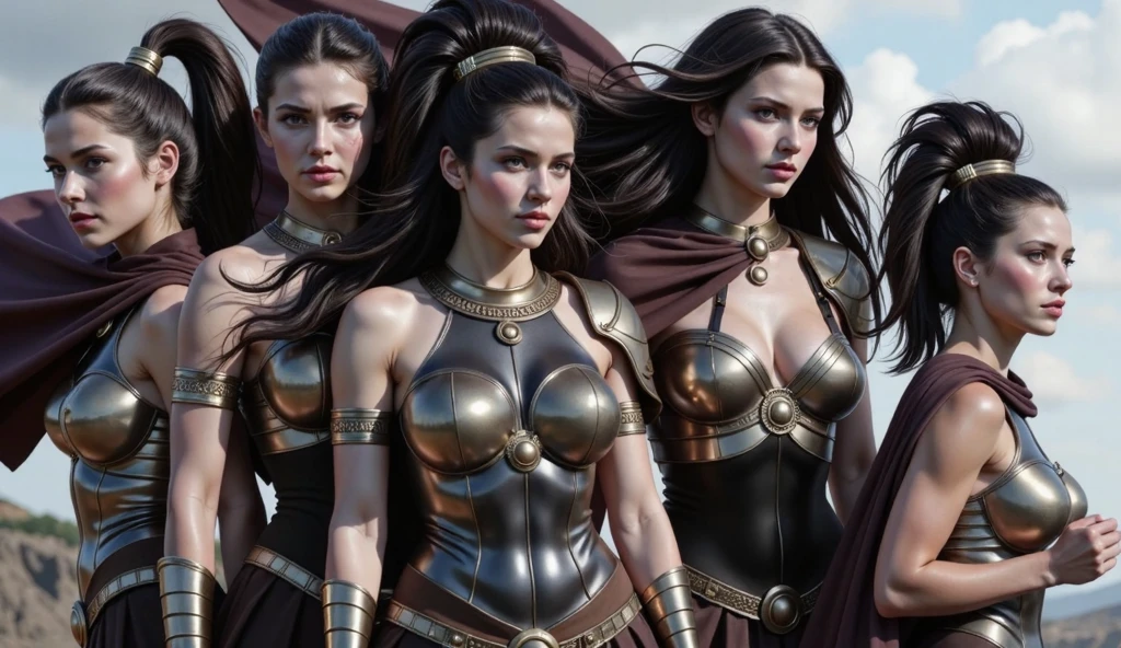 three sisters of different ages, french womens, detailed face perfect face, detailed face, sexy, lesbians, warriors roman, using sexy armor with cape full body background in versalles