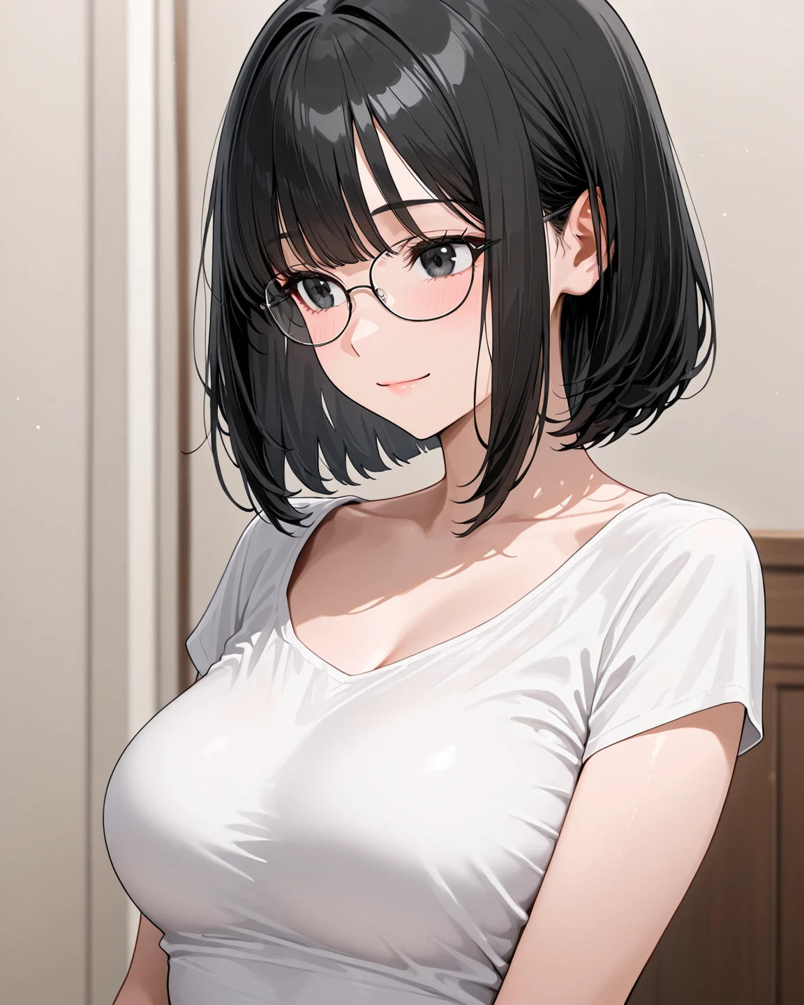 1girl,bangs,short hair,black hair,perfect body,white camisole,black shorts,glasses,nipple poke,in the room,art by jeremy lipking