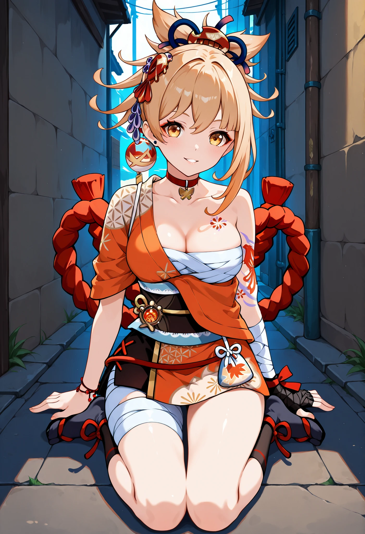 (Masterpiece), Best quality, Expressive eyes, s the perfect face, are standing, Anime figure,The influence of Genjin,Femme,,Large of breast,, H-cup, yoimiya_Genshin，Mischievous，stooped，legs focus