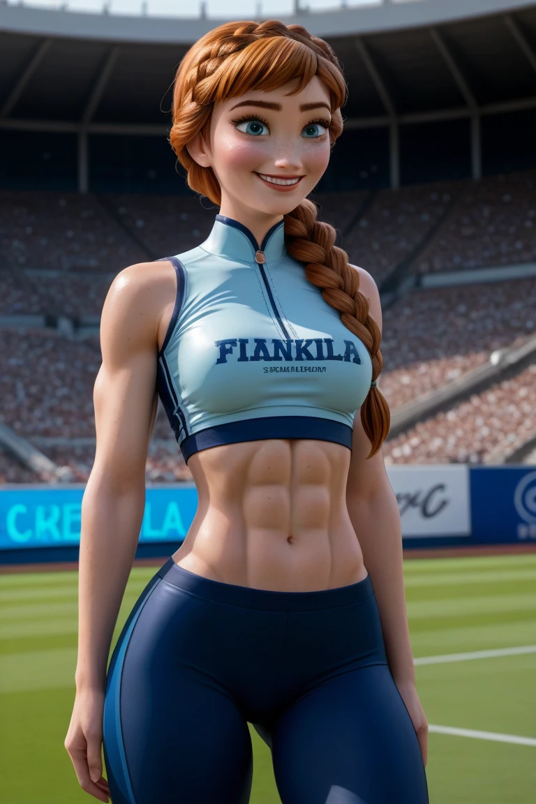 (best quality,8k,highres,masterpiece:1.2),ultra-detailed,(realistic,photorealistic,photo-realistic:1.37),cartoon style,detailed face,athletic woman,sporty outfit,red hair,charming smile,green eyes,looking at the camera,sporting attire and sneakers