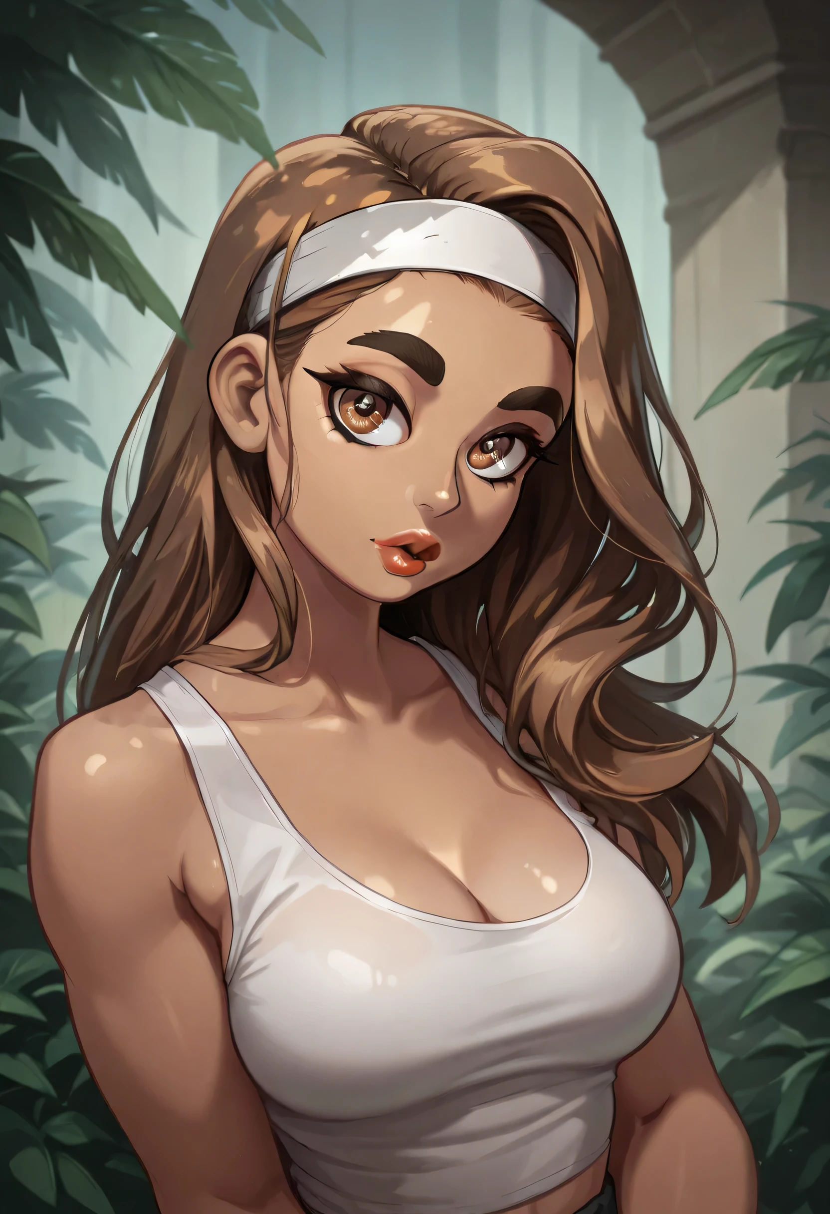 perfect face, straight hair, lightest brown hair, (((white headband))), black eyebrows, thick eyebrows, black eyeliners, big eyes, (((brown eyes))), bright red lips, thick lips, beautiful woman, white tank top, medium breasts, (looking at viewer)