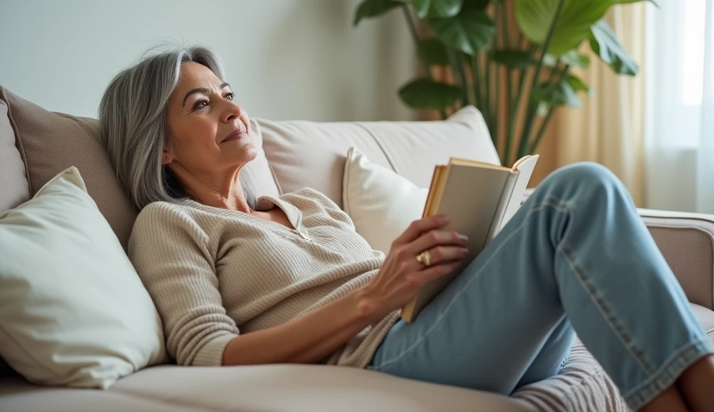 young lady, 58 years old, covered in white paint, with a book in her hand, looking at the camera