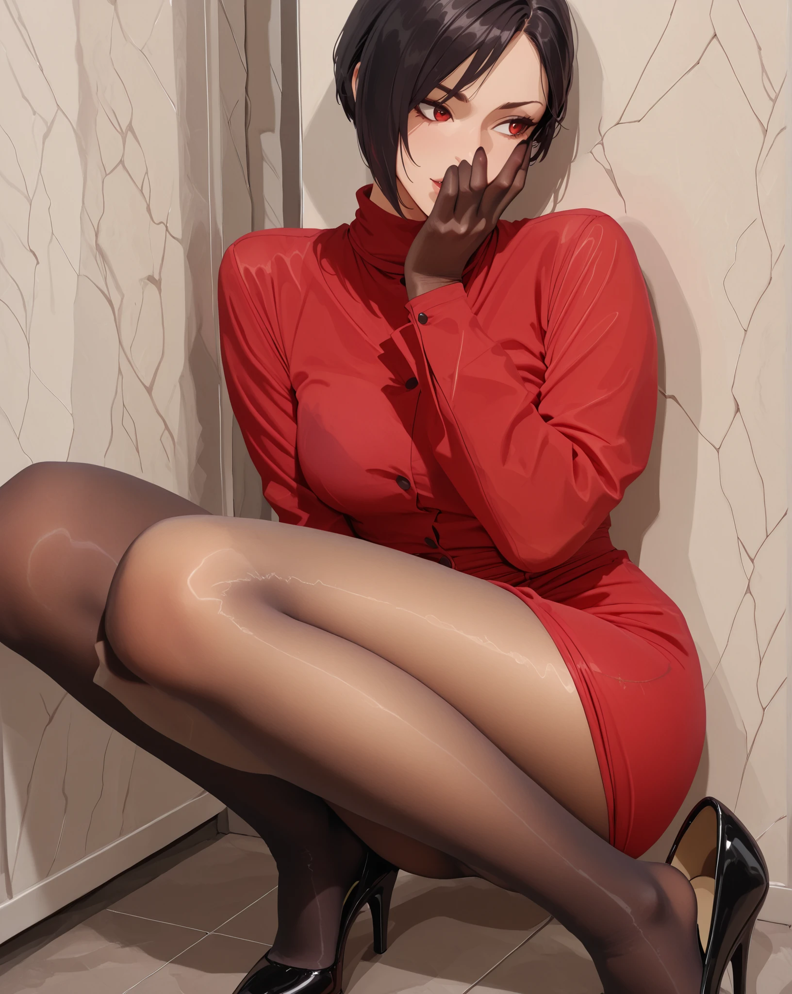 score_9, score_8_up,  1woman, Naked Ada Wong, nylencased:2.5, full pantyhose encasement:2.0, pantyhose encased:2.0, pantyhose encased head:1.0, caressing her own face, red dress, high heels, background is a scientific laboratory