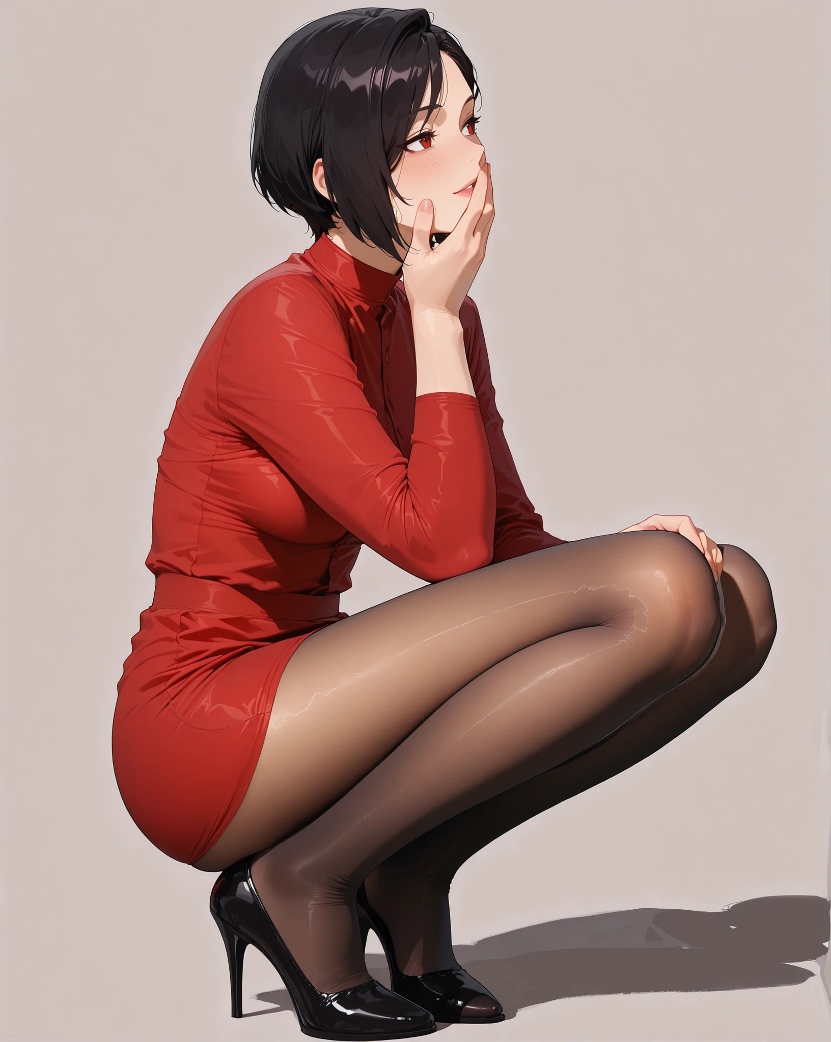 score_9, score_8_up, 1woman, Naked Ada Wong, nylencased:2.0, full pantyhose encasement:1.0, pantyhose encased:1.0, pantyhose encased head:1.0, caressing her own face, red dress, high heels, background is a scientific laboratory