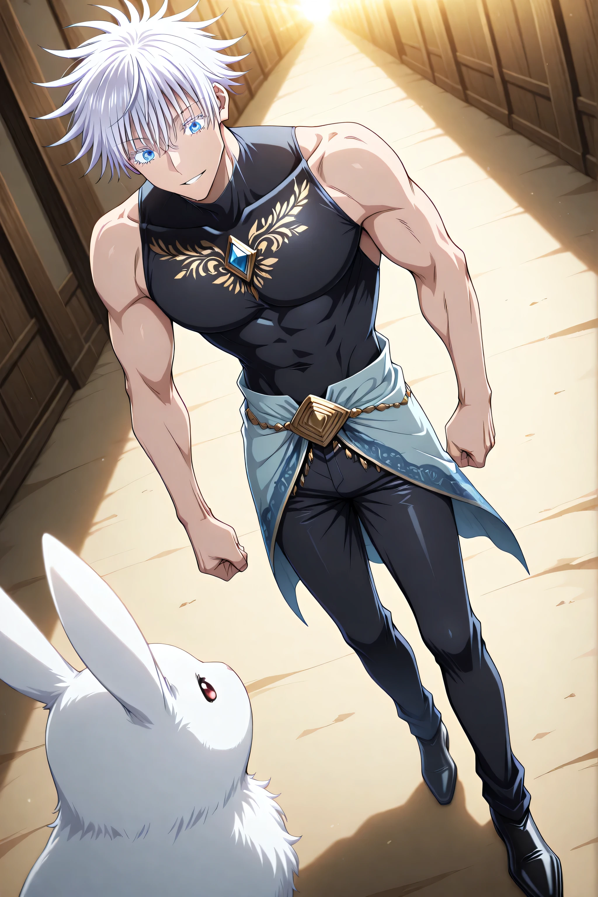 (masterpiece, best quality), amazing quality, very aesthetic, absurdres, highres, newest, HDR, 8K, cinematic, cinematic lighting, cinematic shadows, atmospheric lighting, hazy fog, light leaks, full body, dynamic angle, anime style, (anime coloring:1.5), (anime screenscap:1.2), foreshortening, 1man, gojou satoru /(jujustu kaisen/), detailed eyes, blue eyes, white hair, short hair, detailed eyelashes, colored eyelashes, sexy man, trained body, muscular, handsome, cool, mature man
Male Fantasy Clothes, cool, high fashion, fantasy style, intricate clothing, embroidery, jewelry, solo, BREAK sits on a horse, rides, lines of movement, cute animale, rabbits, birds, sunshine, daylight, warm light