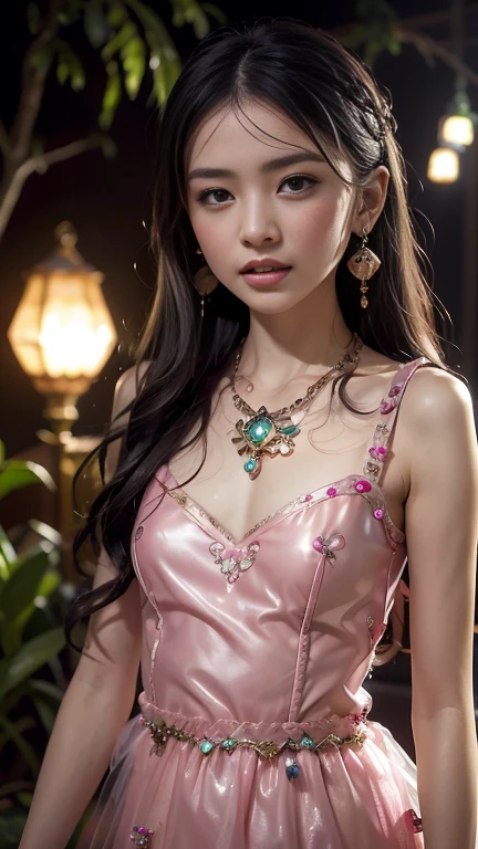 8K, ultra hd, masterpiece, 1 girl, (good face:1.4), detailed eyes, long hair, impressive hairstyle, earings, necklace, small breasts, (pink dress:1.5), see-through, (fantasy dress:1.5) Light-colored foundation brings out the transparency of the skin, (in the wonderland:1.5), mystery, diwali lights, glowing lights, very decoration, The lights falls like water, perfect front body,
