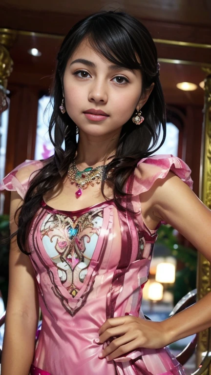 8K, ultra hd, masterpiece, 1 girl, (good face:1.4), detailed eyes, long hair, impressive hairstyle, earings, necklace, small breasts, (pink dress:1.5), see-through, (fantasy dress:1.5) Light-colored foundation brings out the transparency of the skin, (in the wonderland:1.5), mystery, diwali lights, glowing lights, very decoration, The lights falls like water, perfect front body,