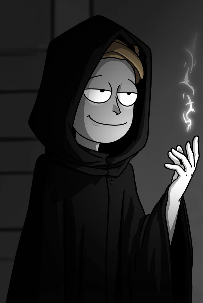 Tight close-up of Morty Smith (from Rick and Morty), shown from the chest up, cloaked in a black, hooded cultist robe that hangs heavily over his slight frame. Stray locks of his short brown hair slip from beneath the deep hood. One hand is raised in a slow, deliberate motion—ritualistic, as if pledging allegiance to some ancient, forbidden order. His expression is unsettlingly calm, eyes half-lidded and cast downward in eerie submission, as though entranced or indoctrinated. A faint, unnatural smile barely touches his lips, more chilling than peaceful. The image is rendered in stark black and white (grayscale), with severe, high-contrast lighting that exaggerates the shadows beneath his eyes and the folds of the robe, giving his young face a hollow, almost haunted appearance. The torchlight flickers in warped rhythms, casting distorted shadows that dance like specters on the blurred walls behind him. The background remains minimal, suffused in darkness, enhancing the sense of isolation and dread. The overall style mirrors the Rick and Morty animation but is reimagined with gothic horror elements and a sinister, semi-realistic atmosphere—evoking the feeling of a dark initiation or possession.