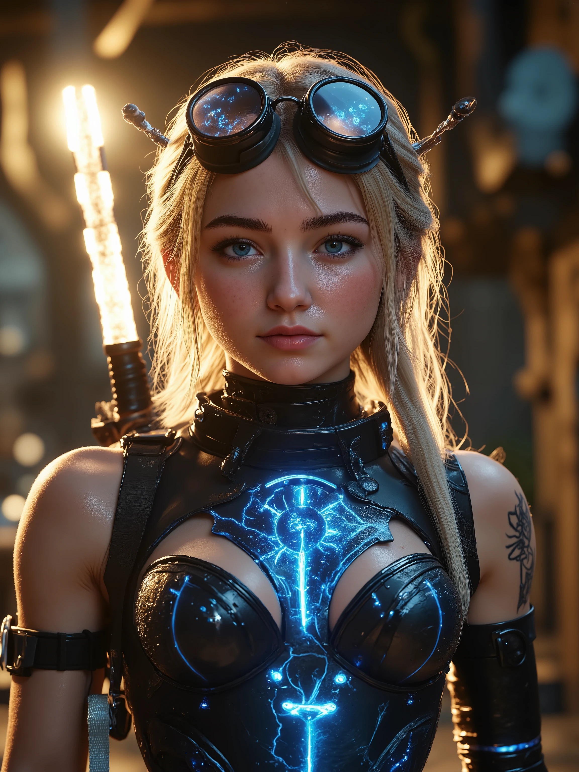 A stunning pretty young lady, blonde hair, a cyberpunk samurai warrior, thunder Blue eyes, high tech warrior, glowing blue fire eyes, longer hair, with glowing katana , gorgeous lady, full body image, glowing tattoos in her skin, glowing skin, Photorealistic, hyper realms, UHD, hyper realistic, shoulderpads, high tech round goggles and headset,