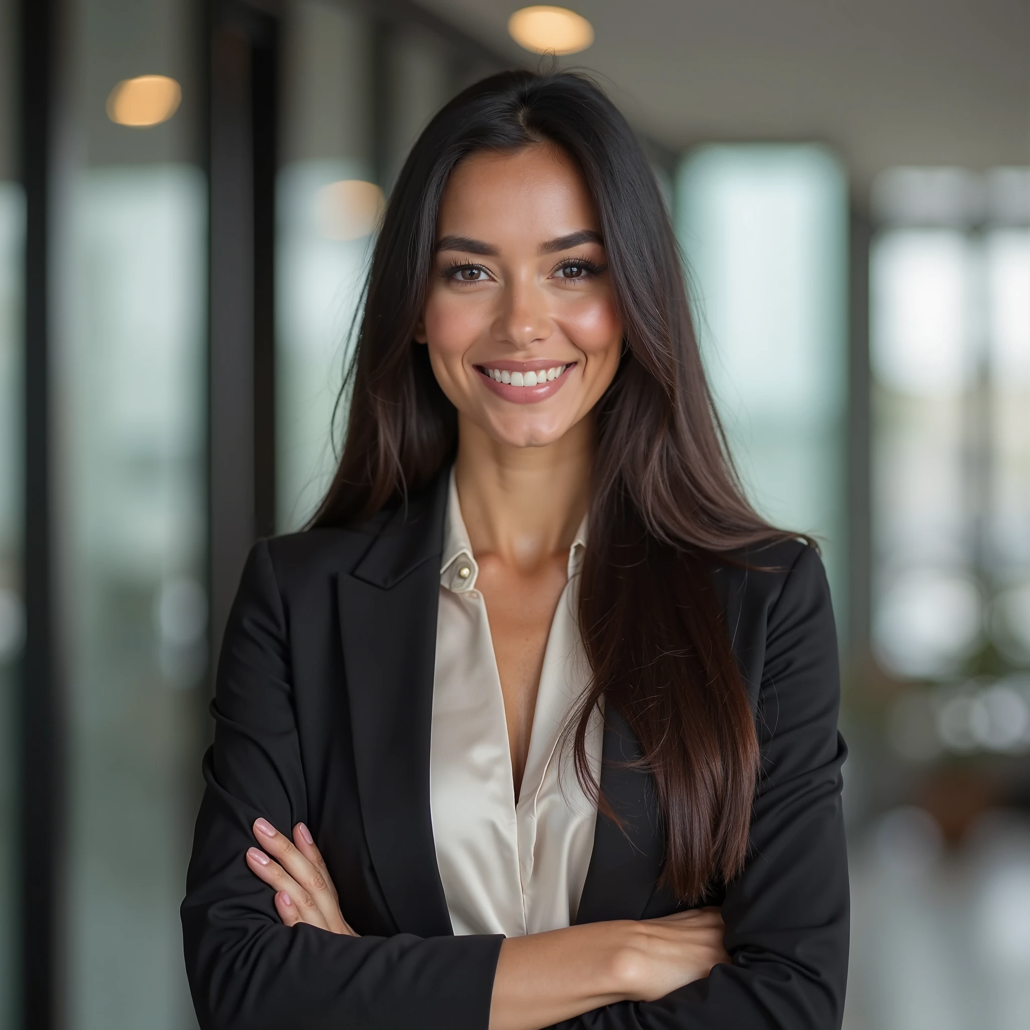 Latin woman, of 1,80 meters high, slim brunette, straight black hair without waves, large eyes, elongated profile , filena nose, medium thick lips, with a beautiful smile, professional, sophisticated executive, that she is physically exactly the same as the photo that I am going to attach in image suggestions, but the following description about the clothes and the activity , that she is dressed in white, Speaking through a microphone in an auditorium.