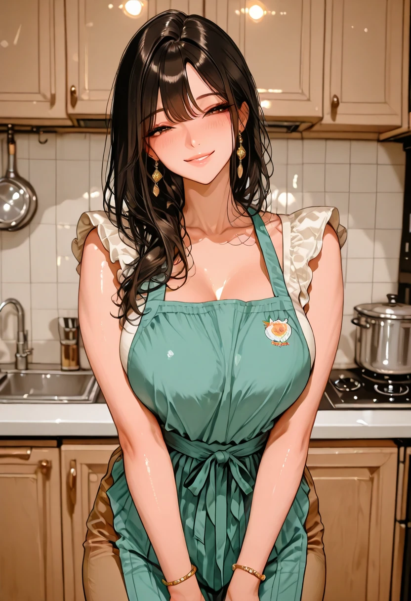 masterpiece, ultra quality, Beautiful detailed, extremely detailed,16K, exquisite, highres, Beautiful background, Beautiful eye, Beautiful skin, 1980s \(style\), retro artstyle, masterpiece, Highest quality, High resolution, 1woman, 独奏, 2d, cheer up, Highest quality, High resolution, kitchen, ajiyoshi noriko v2, (sanpaku:1.2), Beauty, ((Green Apron)) BREAK (白 rib knit sweater) BREAK (Black tight skirt)、(Huge breasts:1.2), Mature woman's facial features, A motherly smile、blush, Embarrassing, tall, steam、steam、Steamy、Detailed costume, Detailed Background,