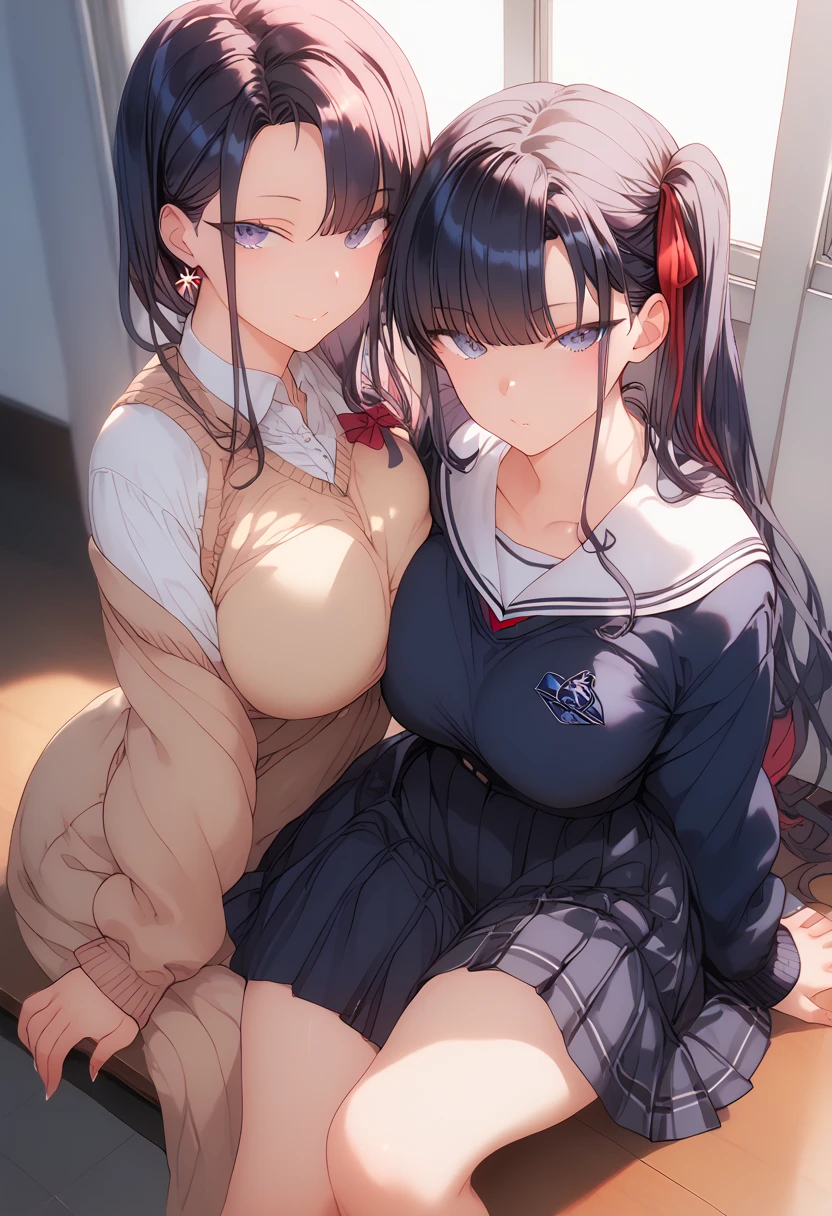 (highest quality), (masterpiece), 1080p, hd, 4k, 8K, ((school uniform)), classroom, sleep on your back, nipple, ((2 Girl)), pov, breasts blowjob, between breasts, pencil in breasts, paizuri, breasts, breast squeeze, salva, fang teeth,smile, panicked face, exposing nipples, light blue, ((panties)), light blue eyes, big breasts, Photographed from directly above, long black hair, two side up, thigh high socks, 18-year-old, flip flops, strap
