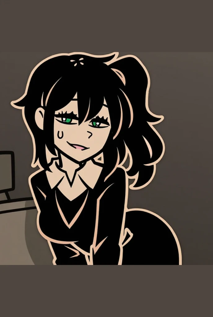 ), 1girl, solo, shirt, black hair, ponytail, sidelocks, green eyes, black hair, necklace, vest, collared shirt, black skirt, ass, breasts, all fours, blowjob, penis, cum, cum in mouth, looking at viewer, deepthroat,