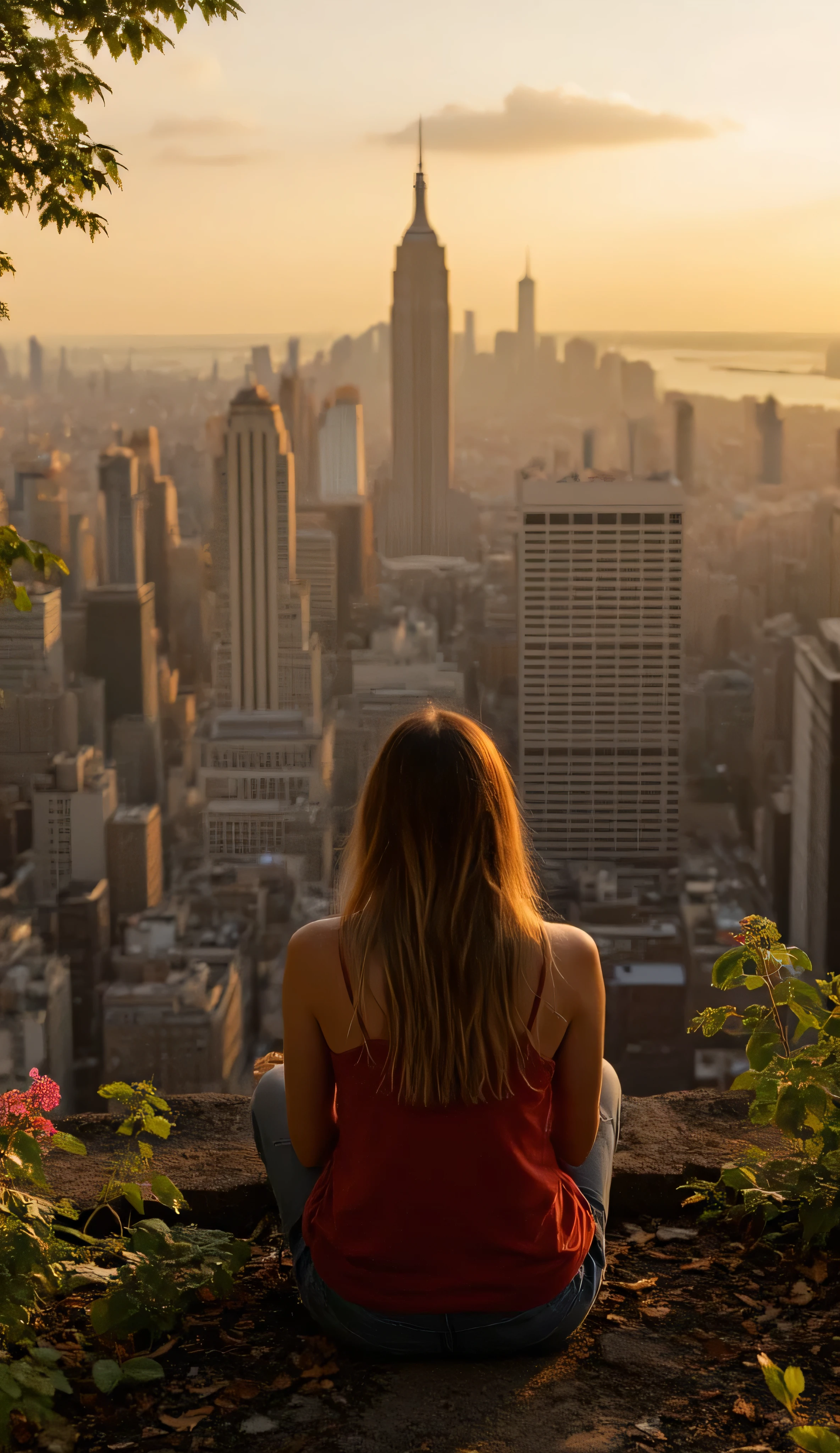 highdefinition images、New York cityscape、Views from the roof of a building、One woman in red clothes in denim、 Flowers and trees々The beautiful city of、Mysterious beings hidden in tree branches and mysterious colors of Central Park、 8k、 ( High quality summer ) A City Full of Fantasy、 Soft New York sunset、Big panorama takes center stage。