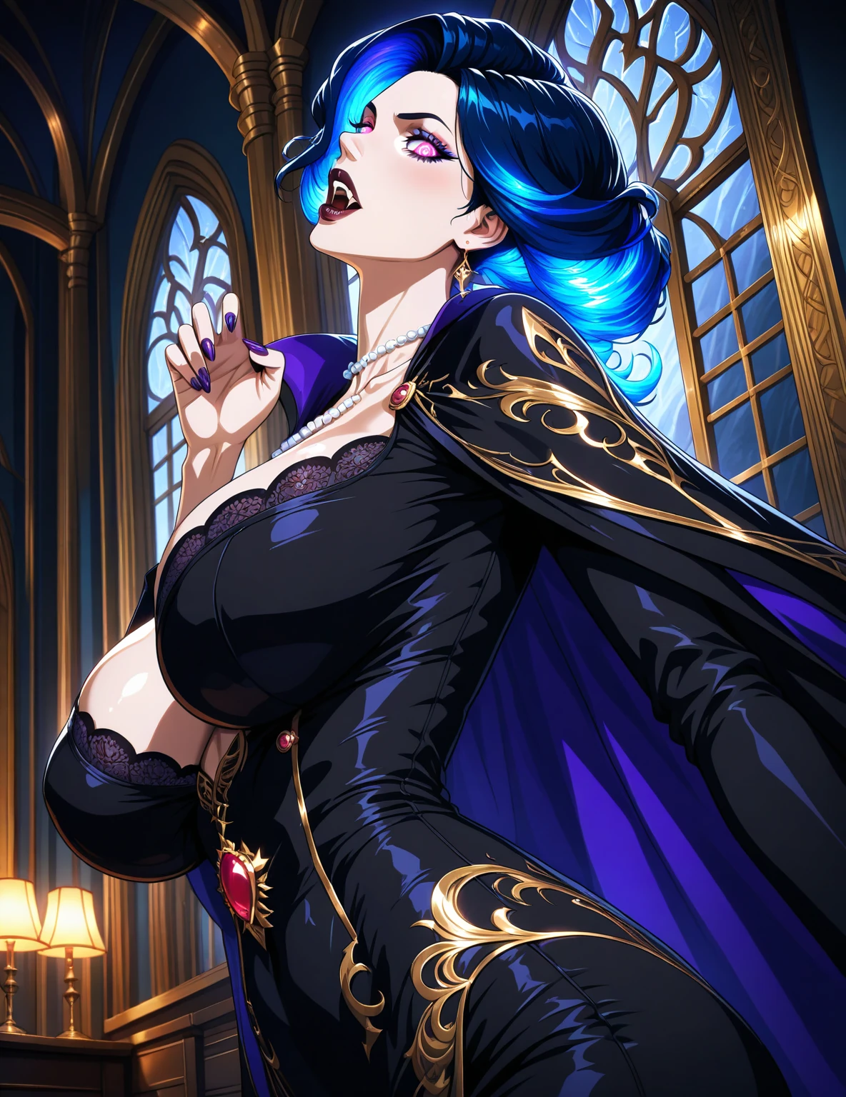 (Masterpiece:1.2), high def body, detailed eyes, (sexy:1.1), (deep cleavage:1.3), (sexy bombshell:1.2), female human, dark mage, short grey hair, grey eyes, (dark and mysterious ambiance), (flowing black robes), (glowing magical symbol on the forehead:1.1), (enchanted staff with intricate carvings), (casting a powerful spell), (crackling purple energy), (sinister grin), (ominous purple background), (subtle rays of moonlight), (surreal and ethereal lighting), (exquisite attention to facial expressions), (captivating and alluring gaze), (intricate makeup emphasizing the eyes:1.1), (subtle but mesmerizing glitter), (delicate and graceful movements), (aura of power and confidence), (creating a magical shield), (swirling vortex of dark energy), (floating magical runes), (ancient and arcane scrolls), (sparks of arcane energy), (mystical smoke and mist), (mysterious and captivating presence), (intense and captivating spellcasting), (mastery over shadows and darkness), (enigmatic and intriguing personality), (dramatic and dynamic poses), (contrast between light and shadows), (depth and dimension in body and facial features), (vibrant and rich color palette), (contrast between warm and cool tones), (saturated and bold colors), (mystical and magical atmosphere), (haunting and otherworldly beauty), (evoking a sense of awe and wonder), (combining elegance and power), (perfect balance between realism and fantasy).