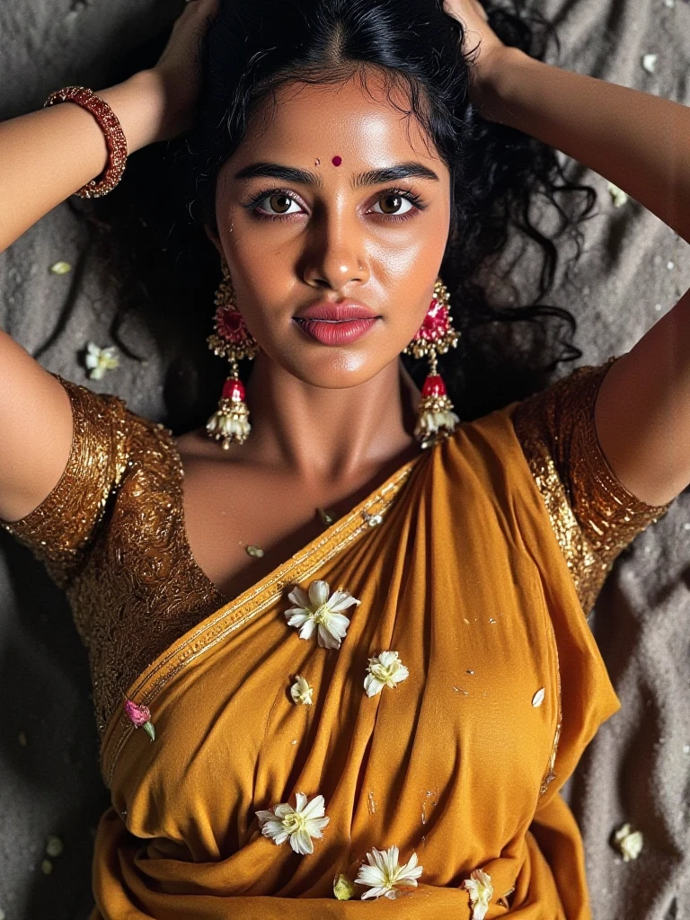 (A masterpiece of impressionist close-up photography) Attractive and sexy curvaceous Indian warrior woman (Shuddh Prasad), walking down a rainy street on a rainy day, (wearing precious jewelry:1.4), , Wet long brown wavy hair with highlights, Wet glowing skin, vivacious, greedy gaze, exhilarating, reflections on the street (beautiful and fine eyes:1.1) , (Passionate expression:1.2) Intense dramatic lighting, green rain, wood、bushes、flower、Bokeh, with backlight, light, very detailed, Trending with ArtStation, paint splashes, rich colors, Fallen leaves & 周りのflower, abstract portrait, Written by Ati Gailan