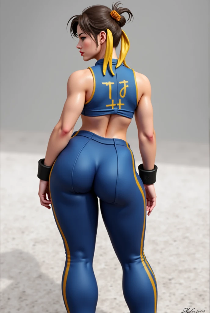 Anime woman, skimpy clothes, slightly muscular, front and back, big ass, small waist, fighter, curvy, 3d rendering, uniform