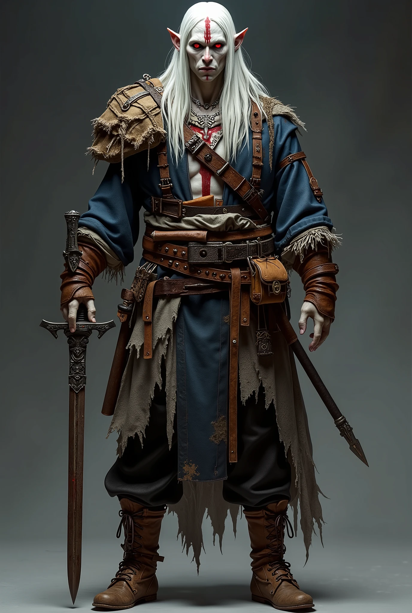 A dark and menacing warrior dominates the image, transmitting an intense aura of danger and power. He has extremely pale skin, almost spectral, contrasting strongly with his bright and red eyes that radiate hatred or dark magic. A vertical mark in blood red crosses his forehead and nose, reinforcing his sinister and supernatural appearance. Her long hair, smooth and white slip over his shoulders and chest, giving him a ghostly presence. The slightly pointed ears suggest that he belongs to a non-human race, perhaps a dark elf or a cursed being. The warrior's clothing is composed of layers of rustic and ragged clothes in shades of blue, brown and gray, with visibly frayed and patched parts, as if he had survived countless battles. Leather straps cross his chest, holding bags and mysterious objects — perhaps potions, scrolls or magical artifacts. His belt is adorned with carved metal details and supports a dagger and a small bag. The gloves and bracelets, as well as the boots , are made of thick leather, tied with sturdy straps. The costumes and accessories mix medieval elements with tribal and post-apocalyptic touches, reinforcing his image of a wandering warrior. On the right hand , he holds an old-looking and punished sword, with the blade marked by rust and battle scars. The firm posture and penetrating gaze demonstrate that he is always prepared for combat, like a ruthless hunter wandering through a cruel and cruel world magician. The background is neutral and dark, directing all attention to the figure of the warrior, whose presence carries tension, mystery and a touch of tragedy.