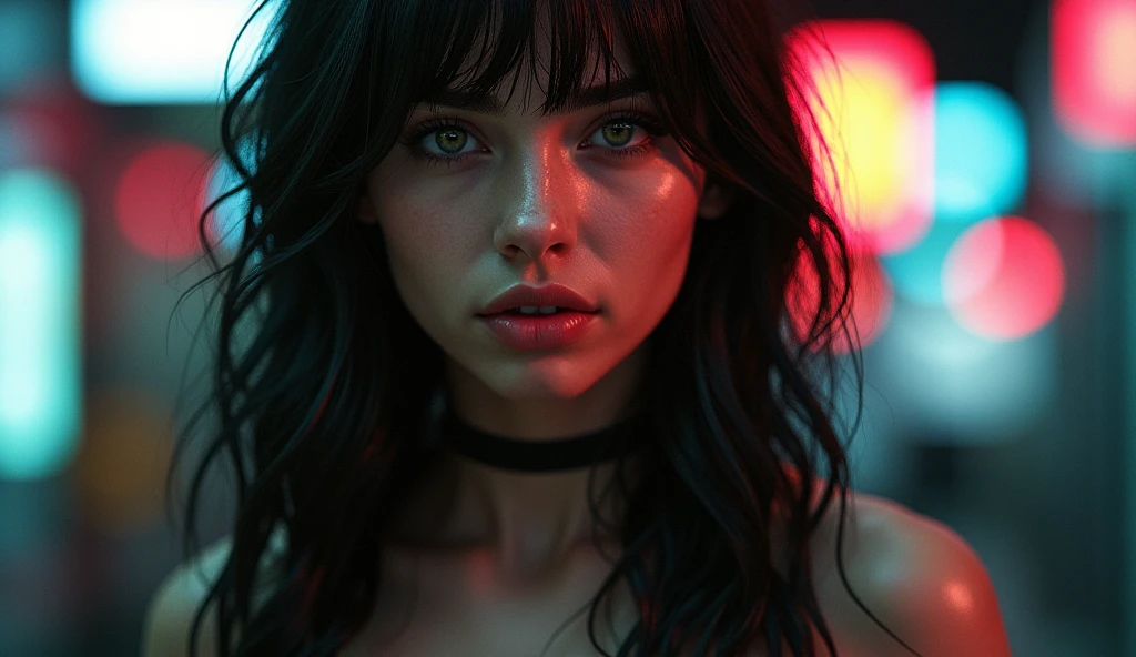 young woman, series, with dark green eyes and long black hair and bangs