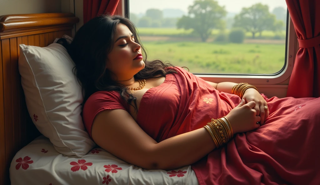 1 beautiful woman, large body, maroon lips, made-up eyelids, two-button saree full body displayed sleeping sitting on the bus, mouth open, eyes closed