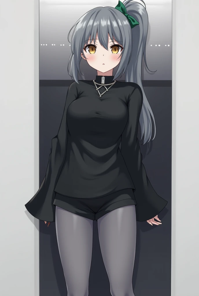 masterpiece,8K,Super detailed,best quality, (1 girl,alone), (long black hair,Straight Hair,Air bangs), (innocent,Big blue eyes like diamonds), (Medium large, fair skin), (Wearing a simple white shirt, Black panties, To show your thighs), (Has black leather collar), (Facing the audience, Stand Up Straight), (The expression looks shy, but with a smile, ), (light black background, Center the character)
