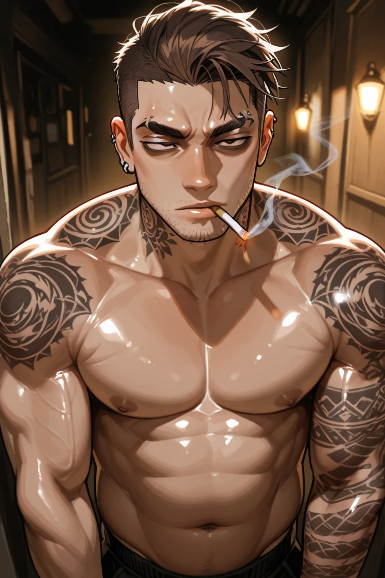 masterpiece, best quality, ultra-detailed, texture, detail eyes,8k, 1boy, Sukuna, a man with pink hair and shirtless, tattoo_ryoumen, tattoo_on_his_face, tattoo on body, looking at viewer, abs, detailed eyes, detailed face, (masterpiece:1.4),(best quality:1.4),,realistic, dark cave, standing pose