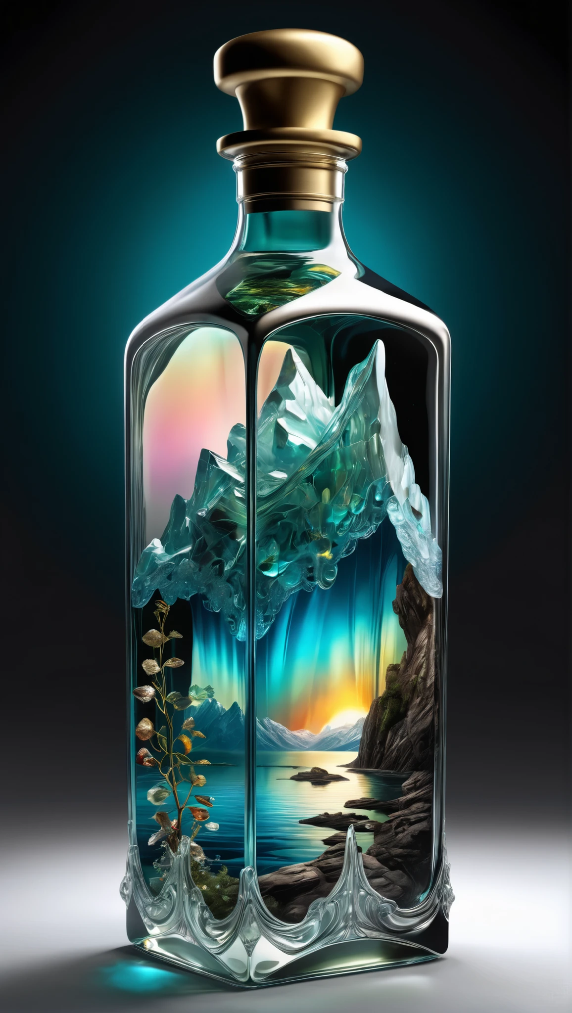 Vadim Kacin and Alberto Seveso 、Mark Simonetti、Jeremy Geddes、 by Gediminas Plankeviciu 、, Close up of a stunning crystal clear stained glass bottle with an aurora fjord inside。 Intricate and Highly Detailed Photorealistic Digital Painting , Artistic Art , album jacket, Amazing depth, Magical Aurora Lights , Filigree Motifs , perfect balance style, Beautiful and Impressive Masterpiece 、 by the person responsible for Prompt