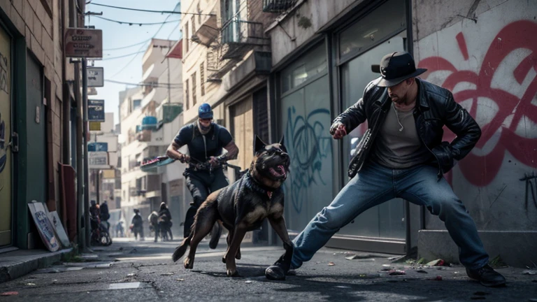 Los Santos streets！graffiti and bullet marks、A wad of stolen money falls... creates a GTA-style gang battle (dog attacking man)