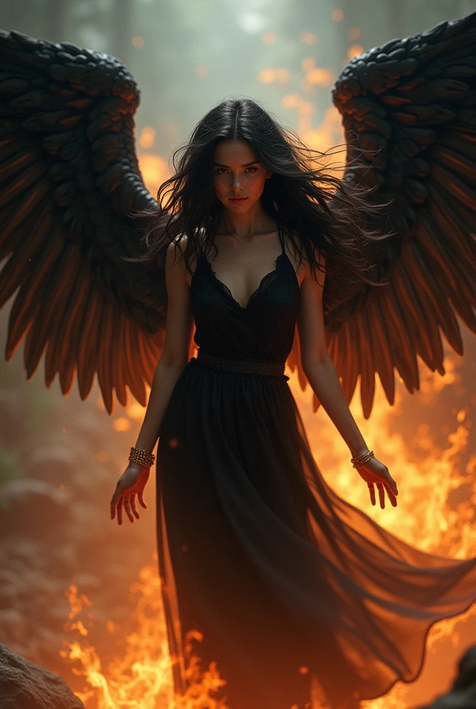 A mysterious and enchanting female fallen angel dances in a sea of hellish fire. She wears an elegant black gown with large black wings spread across her back. Her skin is exposed, and her dark makeup and red lips emphasize her sex appeal. Her eyes are a fiery red, depicted in close-up. A dark mist surrounds her, enhancing her presence. Aim for realistic depiction, make sure photos are at highest resolution (8K)
