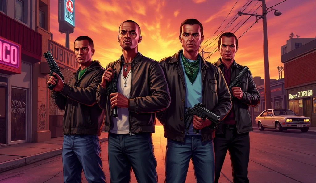 (obra-prima, Better Quality, white fabric),
stylized gang of four characters, posing confidently with weapons, each with unique clothes (leather jacket, , bandana, moda de rua ),
urban street corner with walls covered in graffiti, parked short cars, glowing neon signs,
(dramatic backlighting), (warm tones of sunset in the sky),
full body, low slanted perspective, bold silhouettes with strong contrast,
(retro stylized composition), (intense attitude, City cat)
