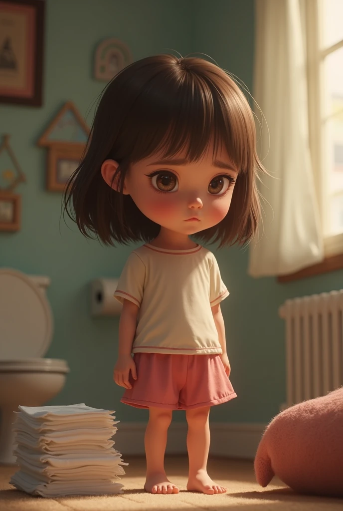 Create a 3D, Pixar-style animation of a 6--old l sitting on the floor of a living room, playing with her dolls.  On the wall, there must be a painting with the international autistic symbol.