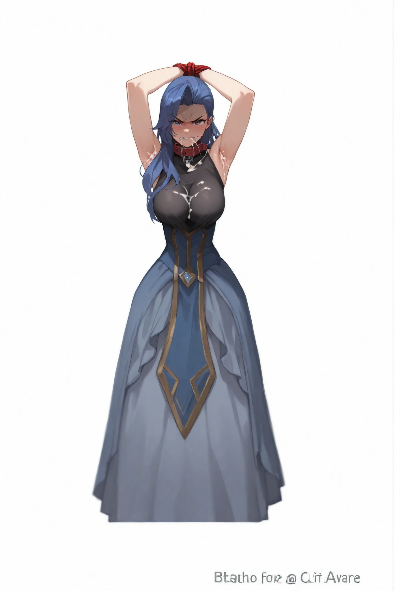 Silvanna from mobile legend bang bang,silvana mlbb,Tied up,wearing ballgag in her mouth,wearing dog collar in her neck,showing both her armpit and hand is tied up with rope,full body,front view,showing both her armpit,standing,she is cum,wearing outfit,wearing long princess dress,wearing dog collar in her neck,angry,big breast,dark bassement background,tied up alone,showing breast area,oversize breast,cum in her dress,eye angry,no blindfold.