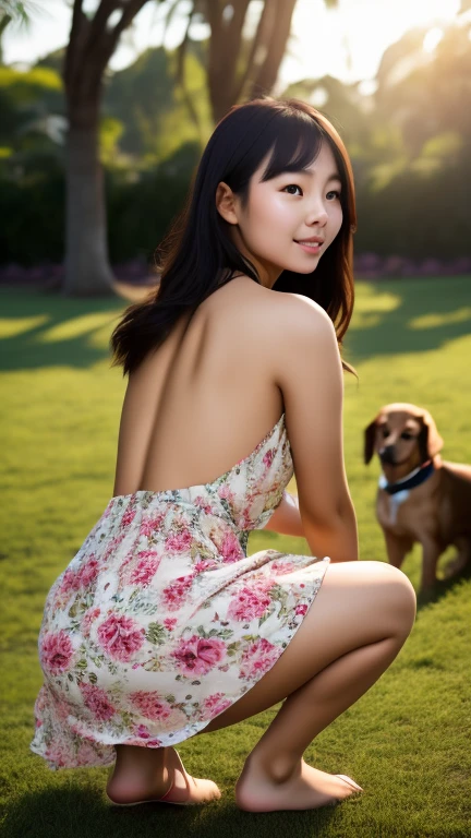 Cute face like an idol　Smiling Kindly　Bikini　Full body portrait　Slightly large bust　Night Park　Cherry blossom viewing under the illuminated cherry blossoms at night　She is sitting on a picnic seat、Holding a cute pet miniature dachshund　RAW Photos　Genuine　Like in the movies　Artistic photography