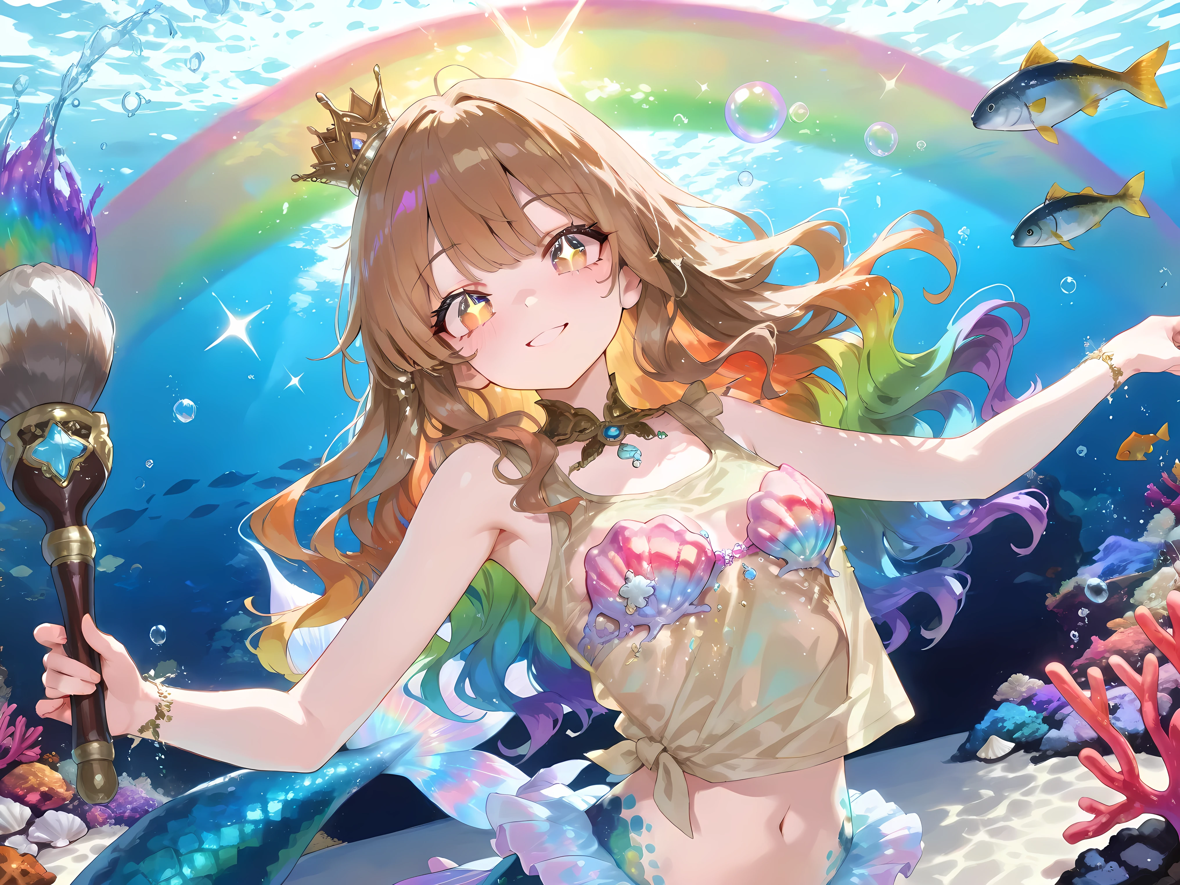 ((Beautiful colorful coral reef:1.1, School of fish: 1.4, fishes: 1.4, masterpiece, best quality, amazing quality, hyper-detailed)), (absurd, very aesthetic:1.2), (hyper-detailed background, lighting), (3 meermaid womans\mermaid, beautiful eyes:1.1, A lively expression, eyes:1.1, Sparkling Eyes, Fluffy long hair, Wavy Hair, mini crown, Lower body of a fish, the human body and the lower body of the fish are seamless, the lower body of a fish with beautiful scales, Seashell Bra, Fluttery tank top, Beautiful rainbow colored pareo, A rainbow-colored fluttering cloth, See-through brown mesh shirt:1.3, wrapped around her waist), shining brush:1.3\rainbow colors, paint overflowing from the brush tip:1.3, Creates colorful bubbles and water flow:1.3, BREAK, enthusiastic, cheerful smile, BREAK, fullbody:1.1, ((deep sea, beautiful bubble:1.3), BREAK, (Undersea live stage, stage with seaart logo:1.2, In the beautiful sea: 1.2, Beautiful fish swirling: 1.2, Sparkling lights dancing from the water,)