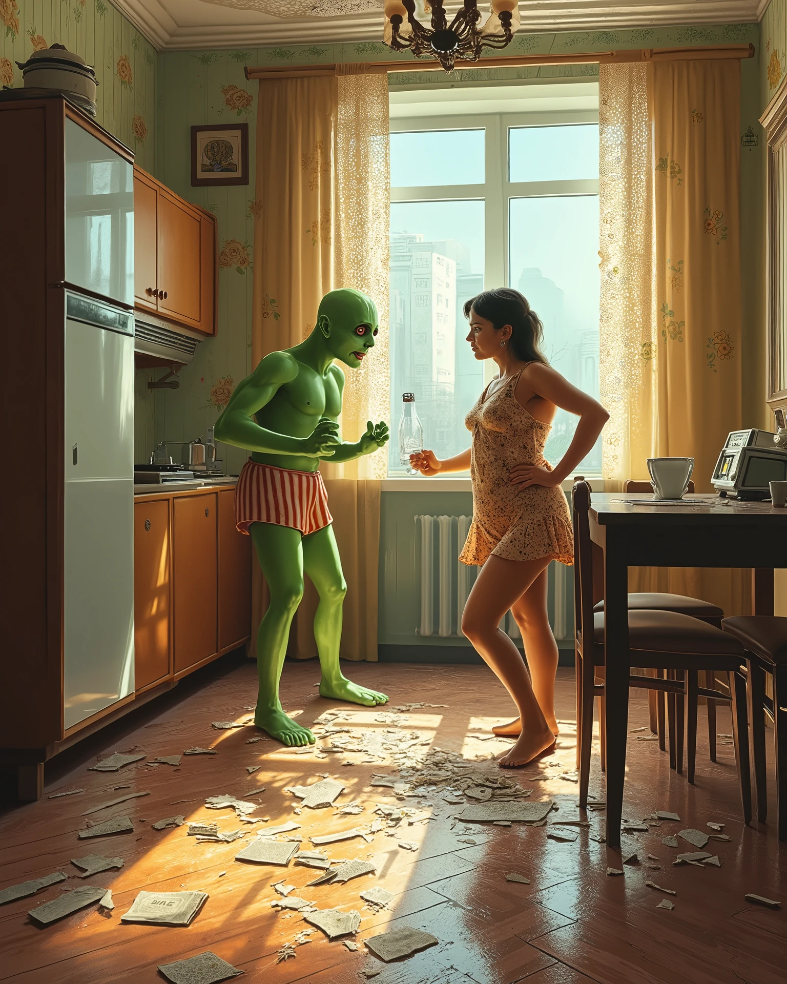 A highly detailed 1980s Soviet kitchen in realistic digital painting: an alien with green skin, large black eyes, and like naivety, wearing striped family shorts, frozen in surprise (mouth wide open, eyebrows raised) over a **broken glass milk bottle lying on its side, spilled milk forming a puddle, shards of glass around it**. Next to him, a curvy woman in a floral dress and polka-dot lace apron, hands on hips, scolds him sternly with a mix of anger and irony. Interior details: ZIL refrigerator, gas stove with a kettle, floral-patterned tiles, sunflower-themed curtains, a "Vesna" radio on the windowsill. Outside the window: sunny day, blue sky, silhouettes of Soviet-era apartment blocks. Style: socialist realism with grotesque elements, sharp contrast between warm kitchen tones and bright sunlight, ultra-detailed textures (wooden table, glossy tiles, fabric wrinkles, **reflective glass shards**). Camera: sharp depth of field focused on the alien, woman, and **broken bottle**, background slightly blurred --ar 4:5 --v 5 --quality 2 --chaos 30