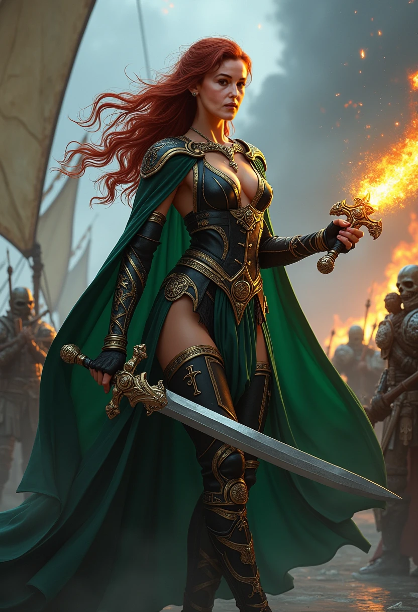 A highly detailed photo style, A dynamic 4K digital drawing, Ragnarek, The central figures is a Norse goddess lady Loki fighting against the ace god Heimdall during Ragnareon on Drakkar with the living dead warriors on board. with a fiery rune sword in her hand, wearing black mail decorated with silver runes, a long green cloak decorated with golden runes, no helmet, has long red hair, eyes glowing with a blue wizarding light, ???????????, ??????????.((masterpiece, highest quality, highest image quality, high definition, photorealistic, RAW photo, 8K)), ((extremely detailed CG wallpaper, unified 8k)), (Huge amazing goddess, very hot and ????, stunning beauty, perfect proportions, beautiful body, slim body, beauty: 1.4),masterpiece,best quality,amazing quality,