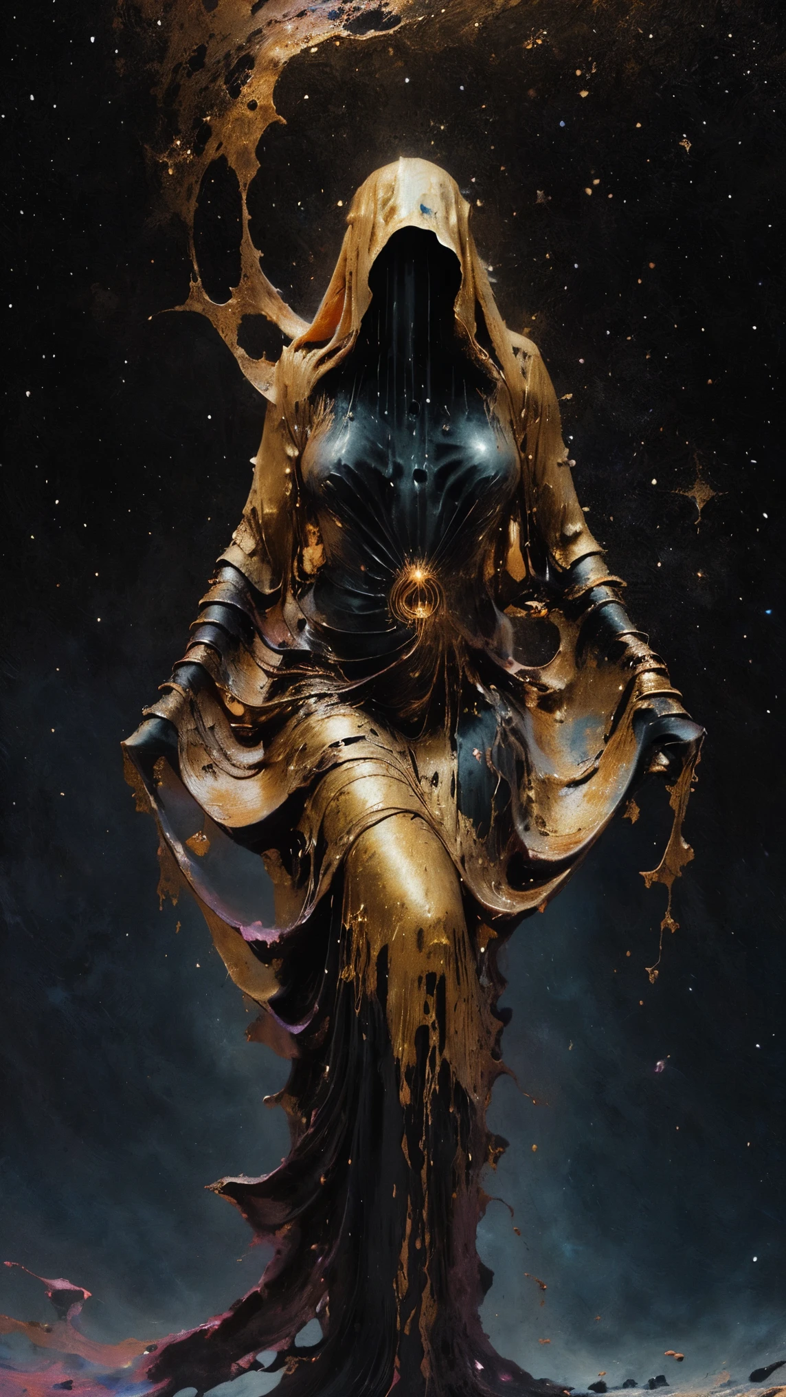 (body formed by galactic liquid mauevine and black metallic paint twisting into a beautiful interpretation of the female figure), au naturel,((complex galactic metallic colours in the foreground)), (( fluid mechanics, the loveliest smooth scale face makeup, smirky expression)) - red, black and gold, onyxia, metallic color palette g0s1