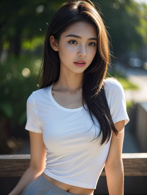 ((Top quality、8K、Masterpiece: 1.3))、perfect body beautiful: 1.4、Slim abdominal muscles: 1.2、Beautiful woman with slim abdominal muscles:1.3、(Breast A-cup:1.2), Small chest, Round breasts, Perfect breast shape, ((( Seamless underwear, Loose T-shirt, Pubic bone shape))), ,High pubic bone, Simple necklace, Ultra detailed face、18 years old、 Pretty Woman、(Dark brown hair), face slimming、Highly detailed face and skin textures、very delicate lips、Open your legs、Top quality、Masterpiece、Ultra-high resolution、(Reality:1.4), Move forward with confidence, Open your arms, long shot , (outdoor), Bright background, sunset light,