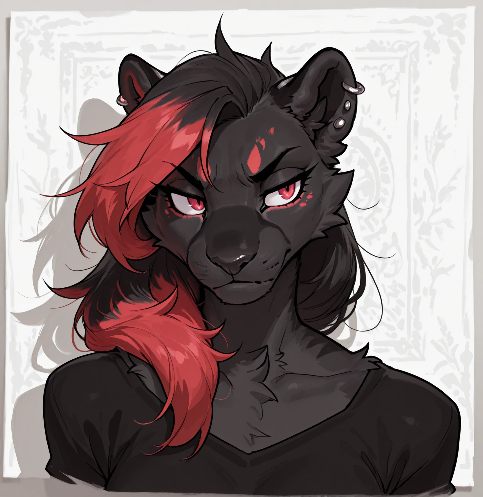 masterpiece, best quality, anthro panther, black body, piercings, red eyes, female, solo female, tall, portrait, painting, grungy, red dyed hair, sideswept hair, clothing, serious look on face