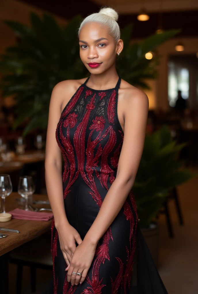 african woman, well-shaped, light complexion, standing,red tight-fitting dress, curvy figure,