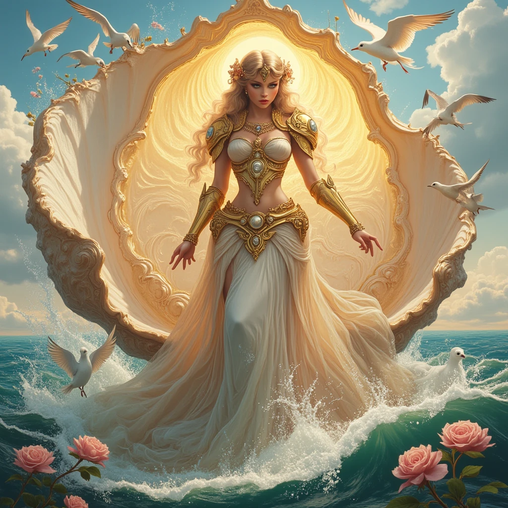 A divine goddess who emerges from a large sea shell, inspired by ...