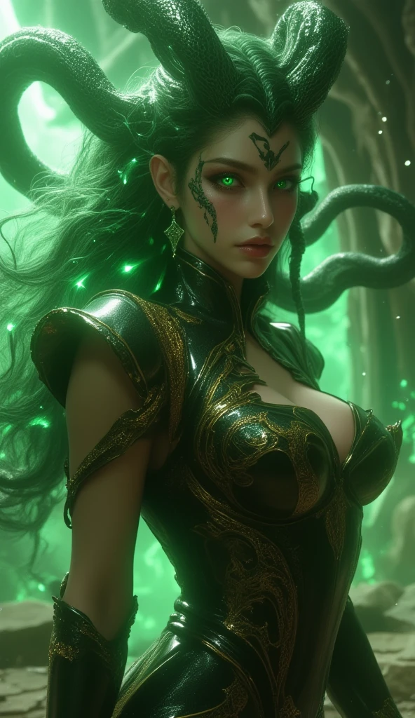 taurus feminine zodiac sign woman with dark and witchy vibe aesthetic with emerald green armor, gold jewelry, angry face, Taurus symbol in gold, no watermark