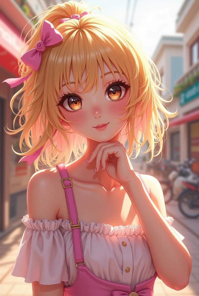 hair bobbles, longeyelashes, solid circle eyes, fake animal ears, light smile, ear blush, fang, ccurate, blonde hair, mole under eye, naughty, sexy, mini skirt, young, Expressionism, emphasis lines, 8k, super detail, best quality, award winning