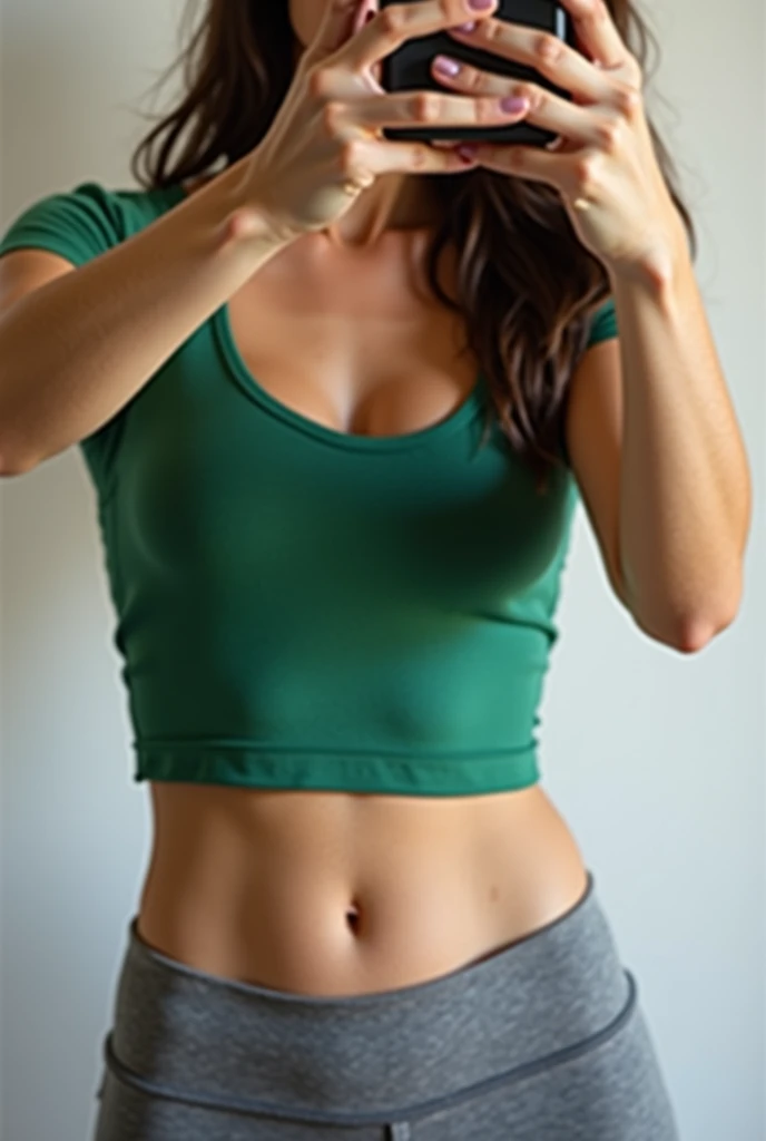 A fitness woman with a fit body wearing green gym workout clothes, head down, smiling, posing for a sensual photo, hand up, front photo, studio quality 