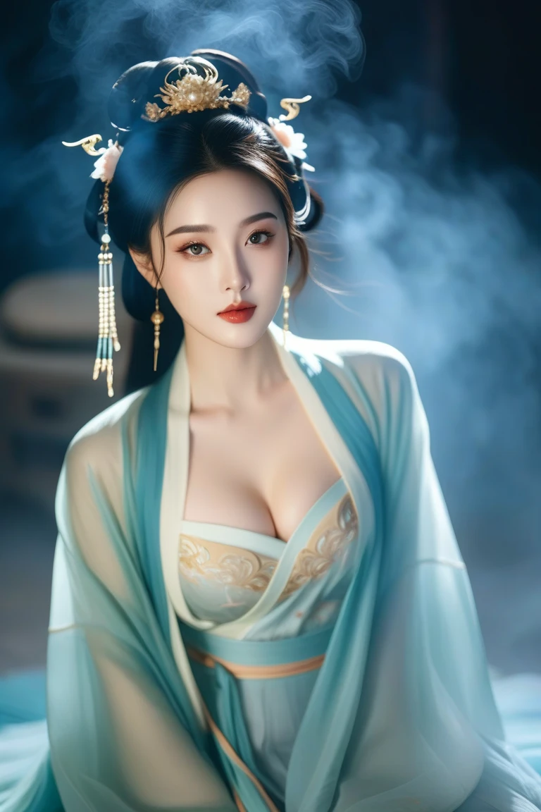 hanfu-song, Hanfu, Song Theme, scarf, Tube Top,, ((Shot in the knee)), ((Shoot at random angles)), ((Visible cleavage)), ((E Cup)), ((Type I Valley)), ((Warm colors)), Long-range shooting, A beautiful woman,Elegant Posture,permanent,fit。Her legs are thin and straight,Cross placement,Create a perfect diagonal composition。Gently tilt your head to one side,Long blond hair falls naturally,Touch her shoulders gently。Soft colors,In stark contrast to her fair skin。The skirt sways gently,As if swaying in the breeze。Her eyes are gentle,There was a faint smile on the corner of his mouth。The whole picture looks very beautiful